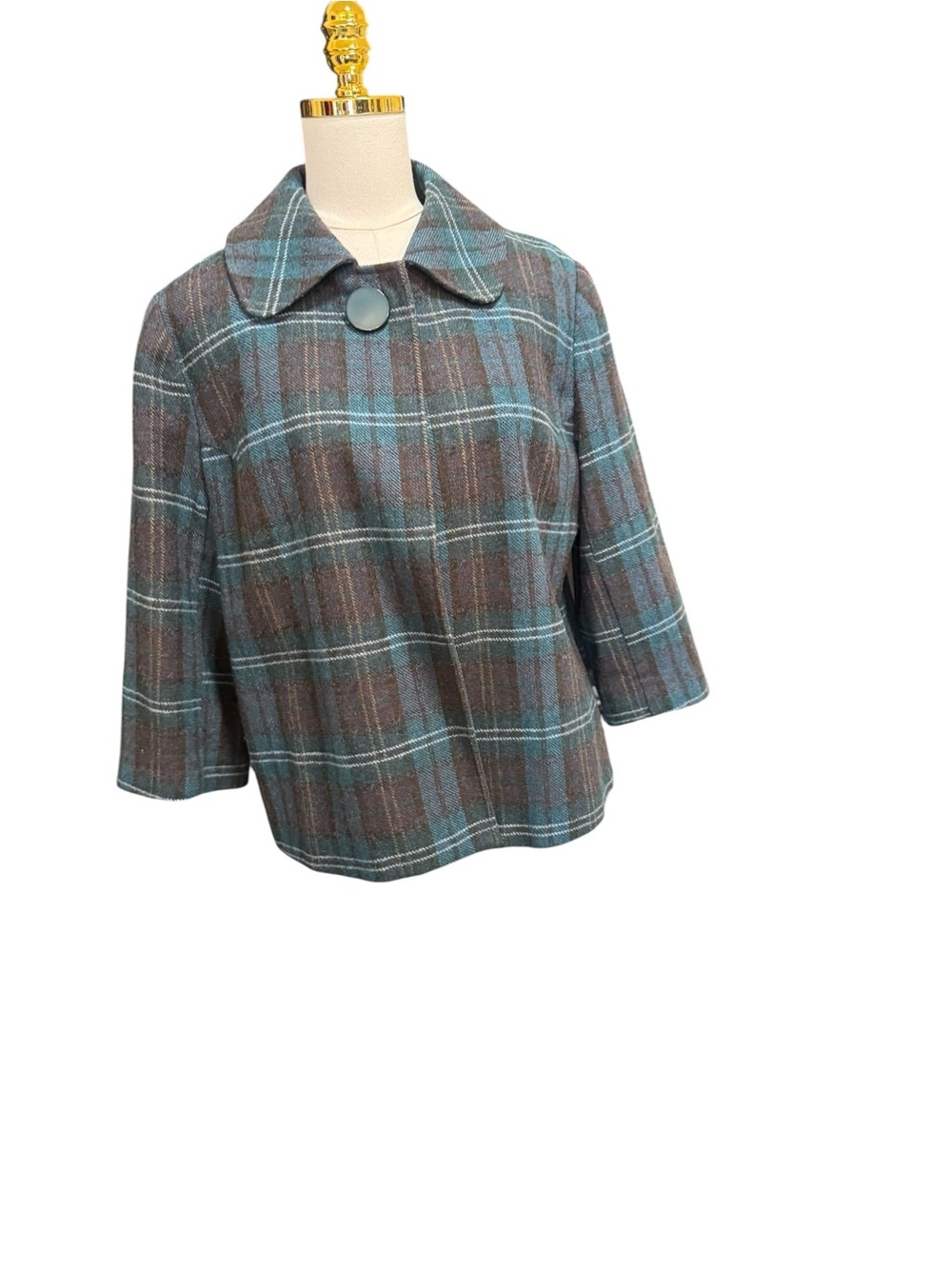 Harve Benard Plaid Cropped Jacket Green Brown 3/4 Sleeve Wool Blend Size L - Picture 5 of 9
